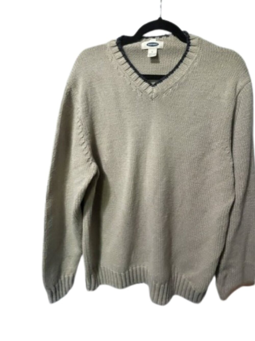 vintage beige Old Navy v-neck sweater with a dark blue striped collar trim SZ XL